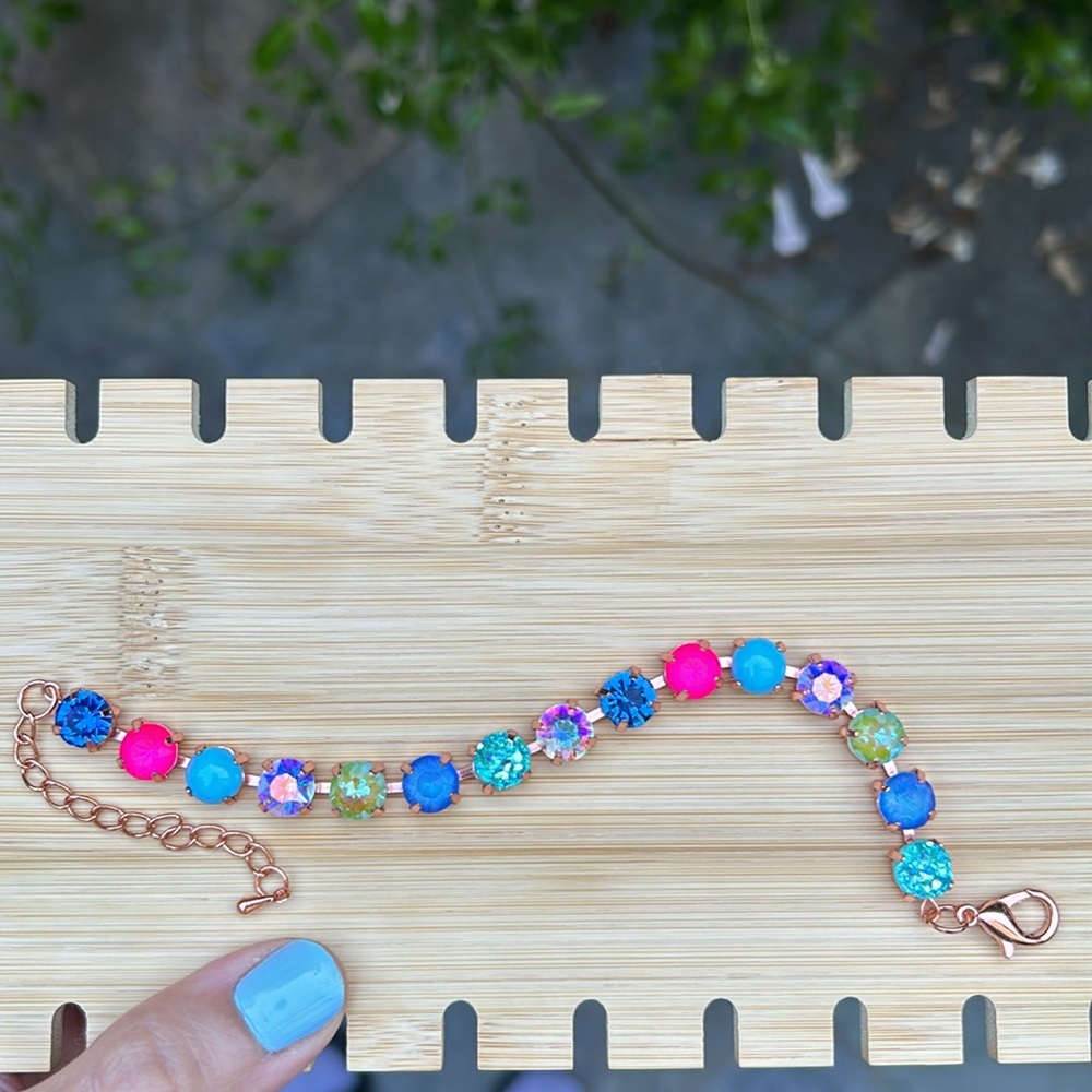 Sapphire Aurora Borealis + Fuchsia Hot Pink “Lillie” Crystal Tennis Bracelet - Picture 10 of 14
